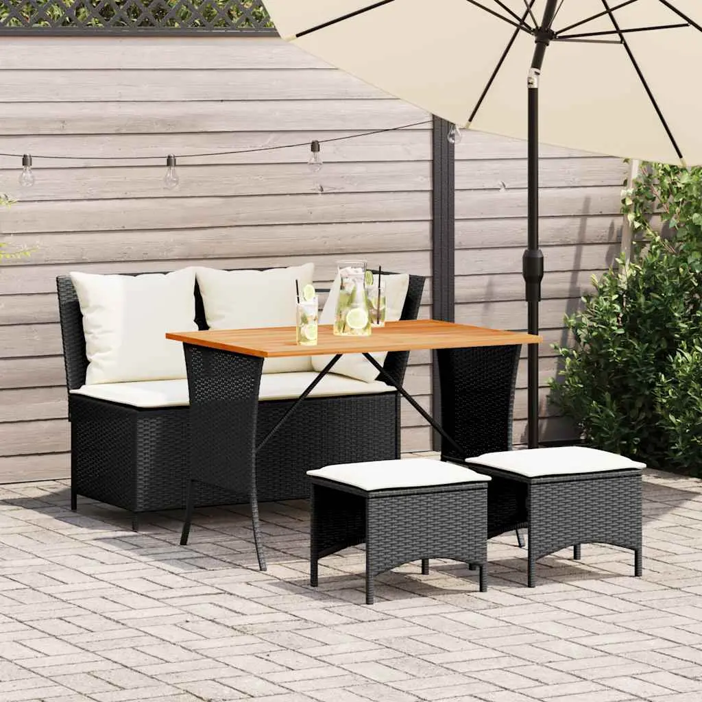 Set da Pranzo da Giardino 4 pz con Cuscini Nero in Polyrattan