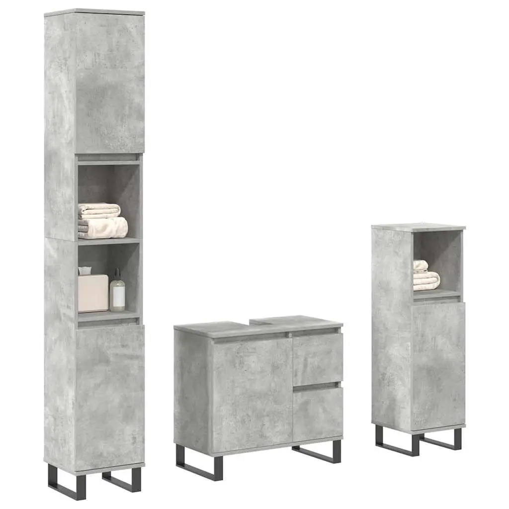 Set Mobili da Bagno 3 pz Grigio Cemento in Legno Multistrato