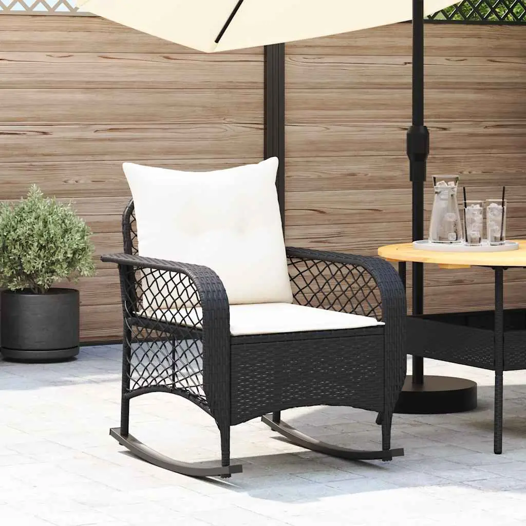 Sedia a Dondolo da Giardino con Cuscini in Polyrattan Nero