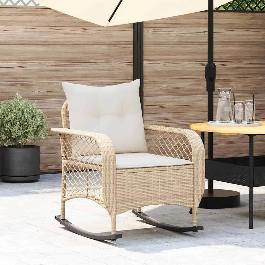 Sedia a Dondolo da Giardino con Cuscini in Polyrattan Beige