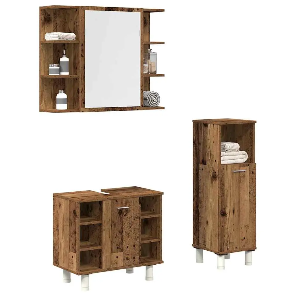 Set Mobili da Bagno 3 pz Legno Antico in Legno Multistrato