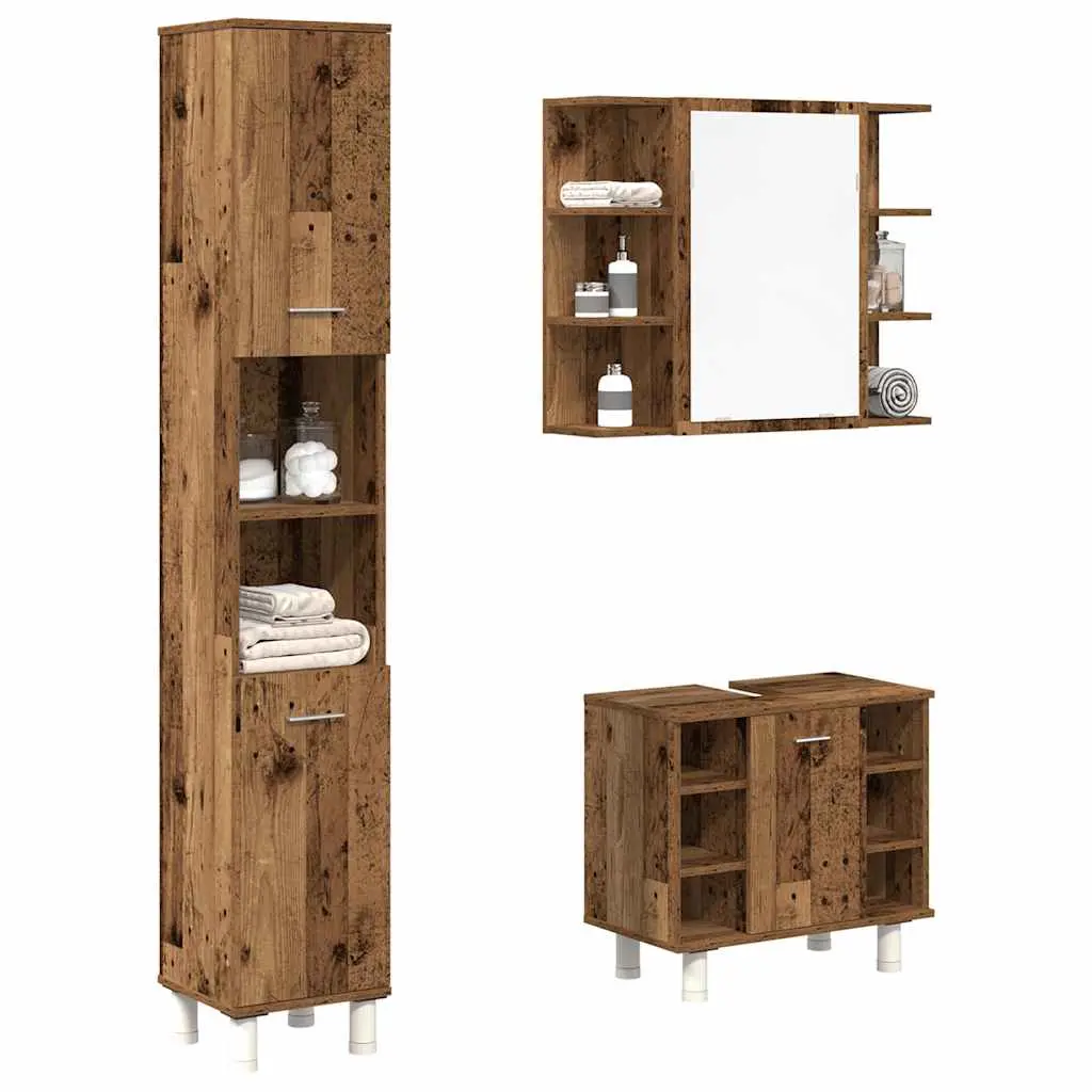 Set Mobili da Bagno 3 pz Legno Antico in Legno Multistrato