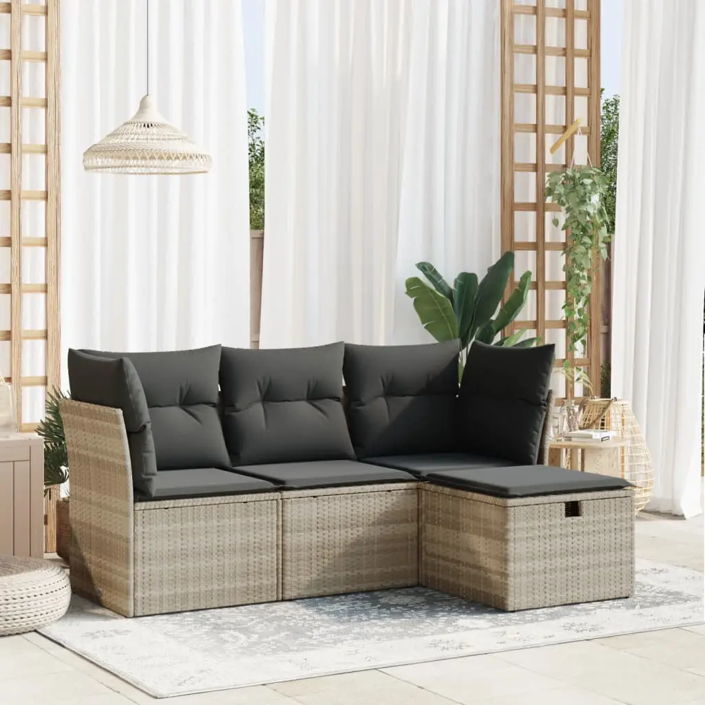 Set Divano da Giardino 4pz con Cuscini Grigio Chiaro Polyrattan