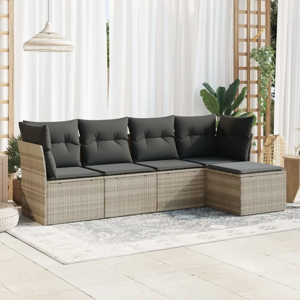 Set Divano da Giardino 5pz con Cuscini Grigio Chiaro Polyrattan