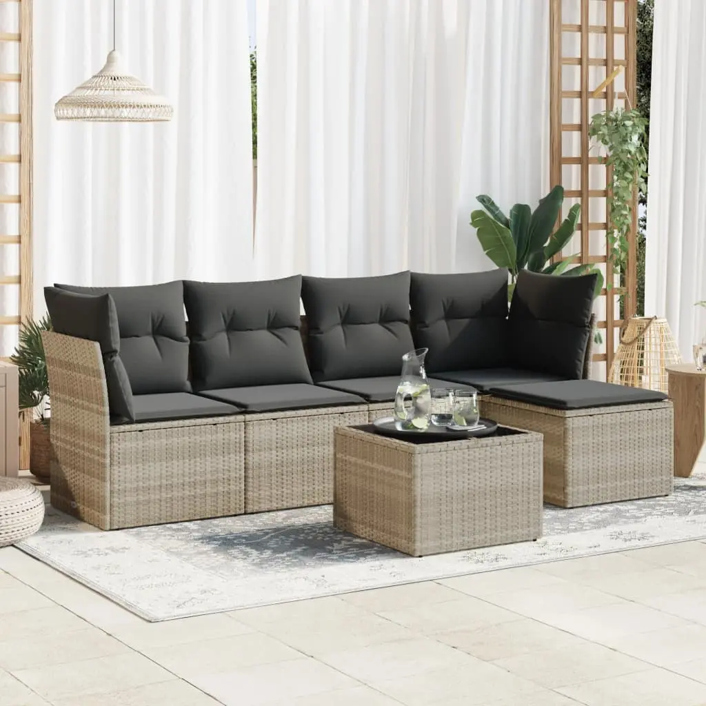 Set Divano da Giardino 6pz con Cuscini Grigio Chiaro Polyrattan