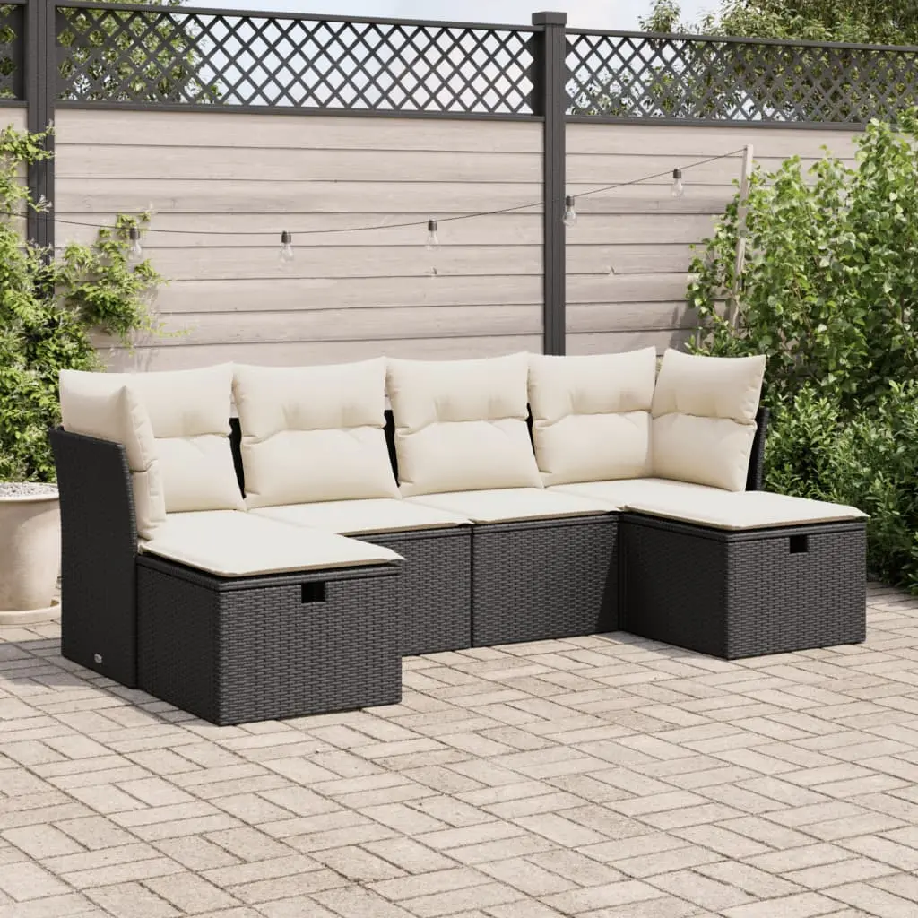 Set Divano da Giardino 6 pz con Cuscini Nero in Polyrattan