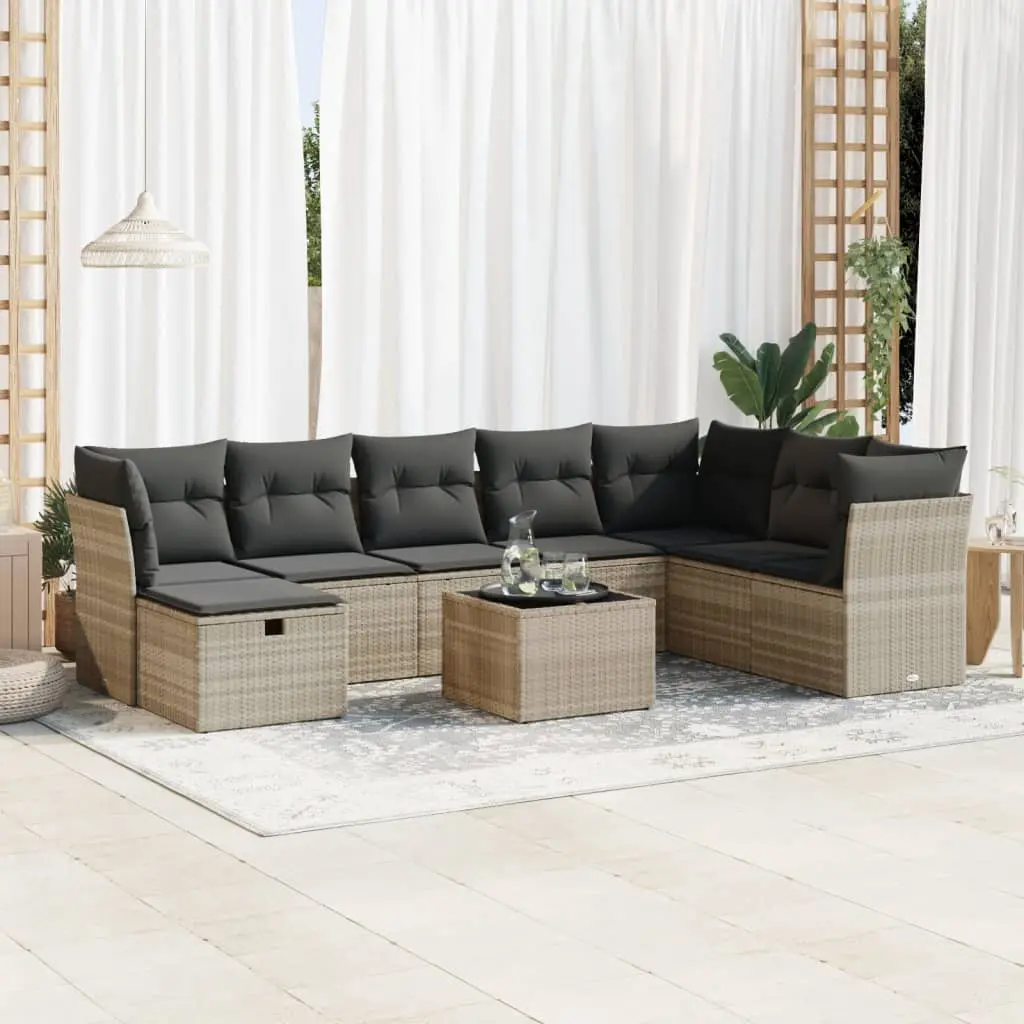 Set Divano da Giardino 9pz con Cuscini Grigio Chiaro Polyrattan