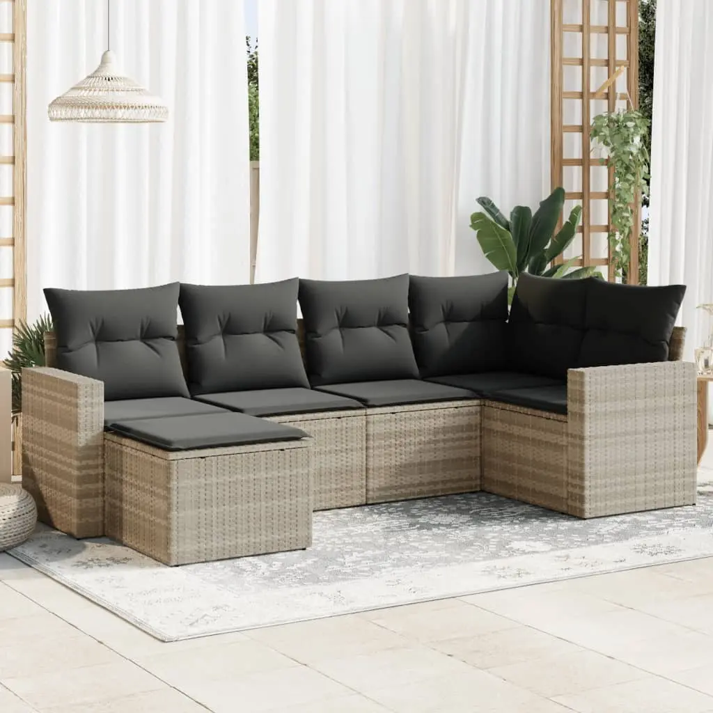 Set Divano da Giardino 6pz con Cuscini Grigio Chiaro Polyrattan