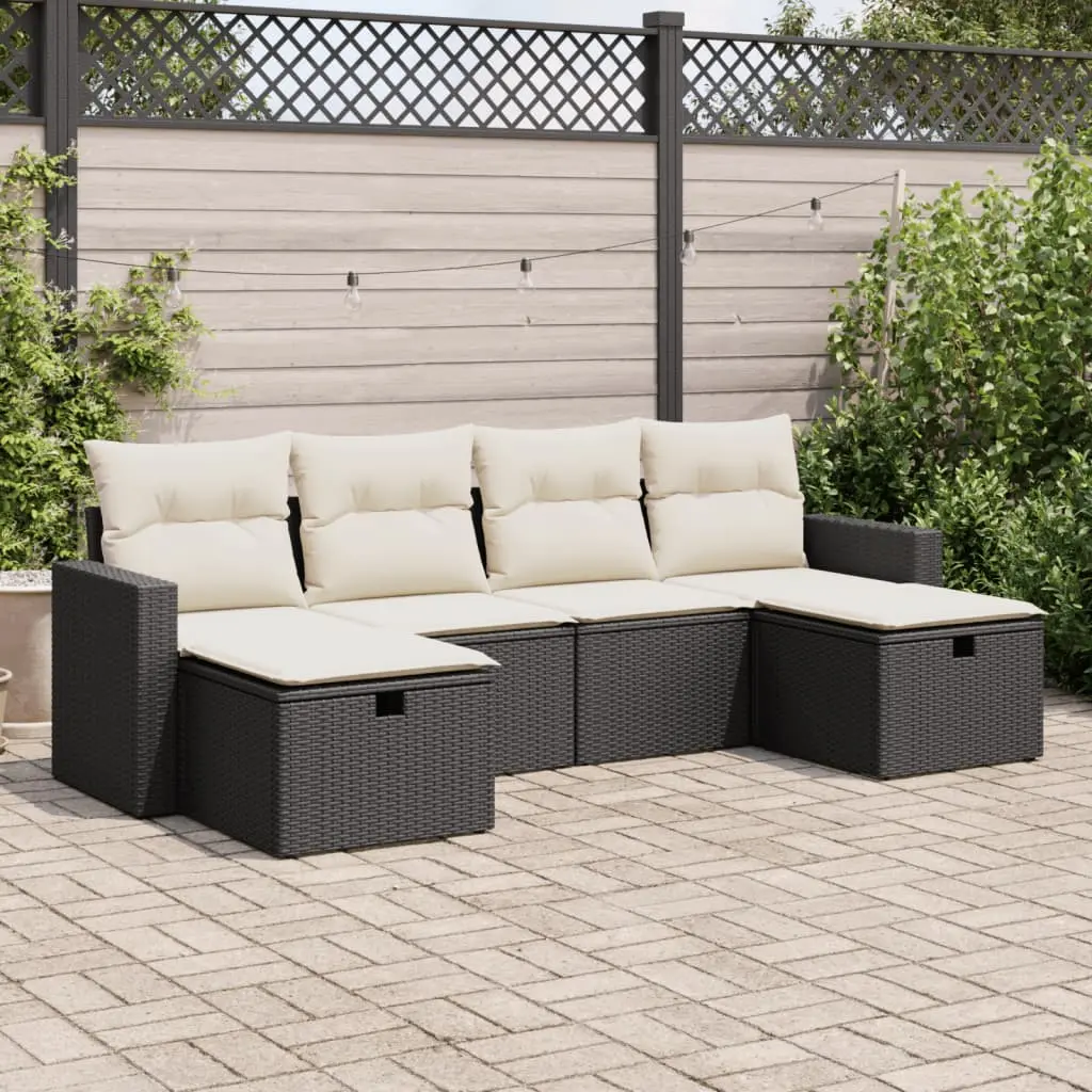 Set Divano da Giardino 6 pz con Cuscini Nero in Polyrattan