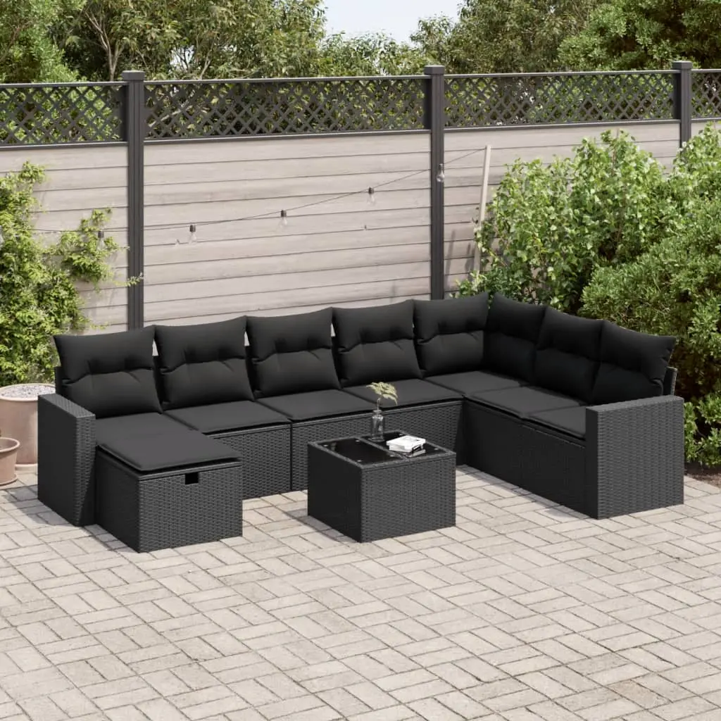 Set Divani da Giardino 9 pz con Cuscini Nero in Polyrattan