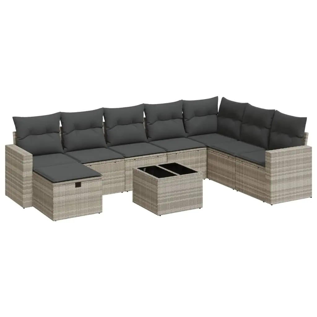 Set Divano da Giardino 9pz con Cuscini Grigio Chiaro Polyrattan