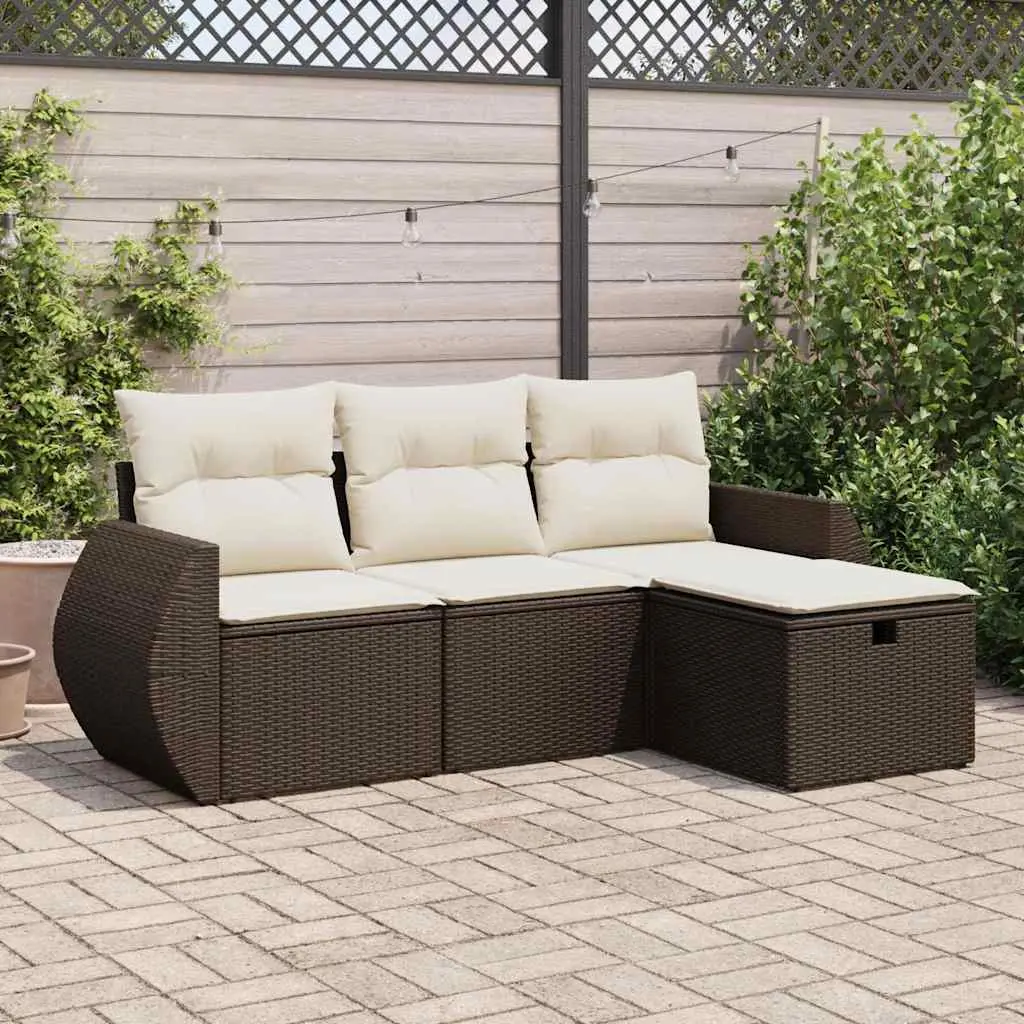 Set Divano da Giardino 4 pz con Cuscini Marrone in Polyrattan