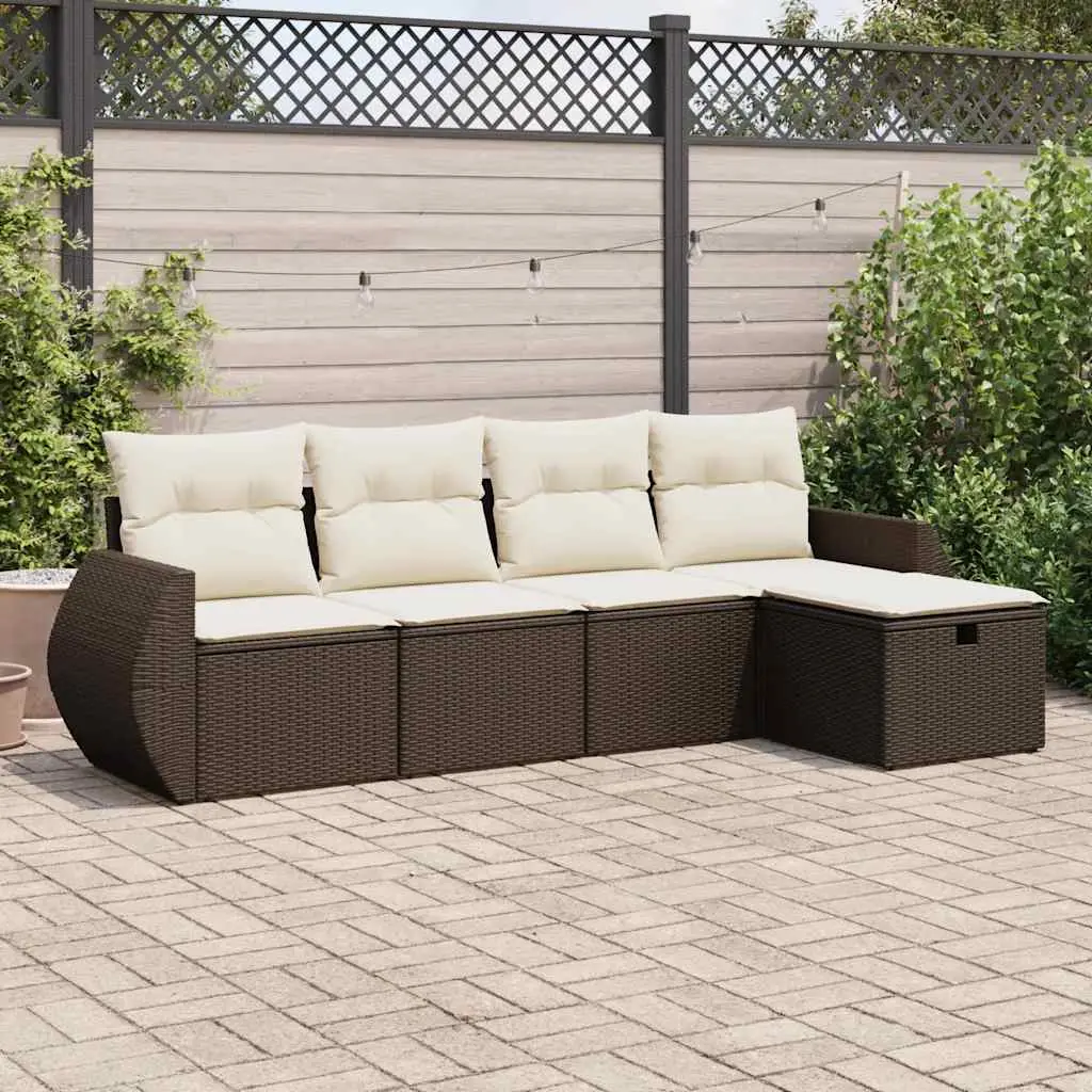 Set Divano da Giardino 5 pz con Cuscini Marrone in Polyrattan