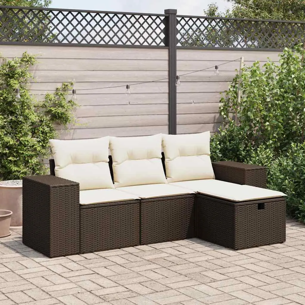 Set Divano da Giardino 4 pz con Cuscini Marrone in Polyrattan