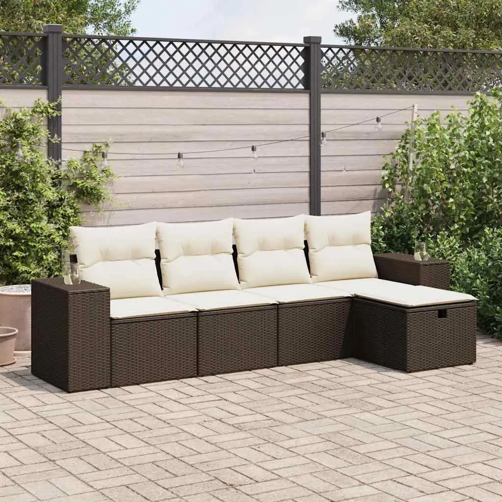 Set Divano da Giardino 5 pz con Cuscini Marrone in Polyrattan