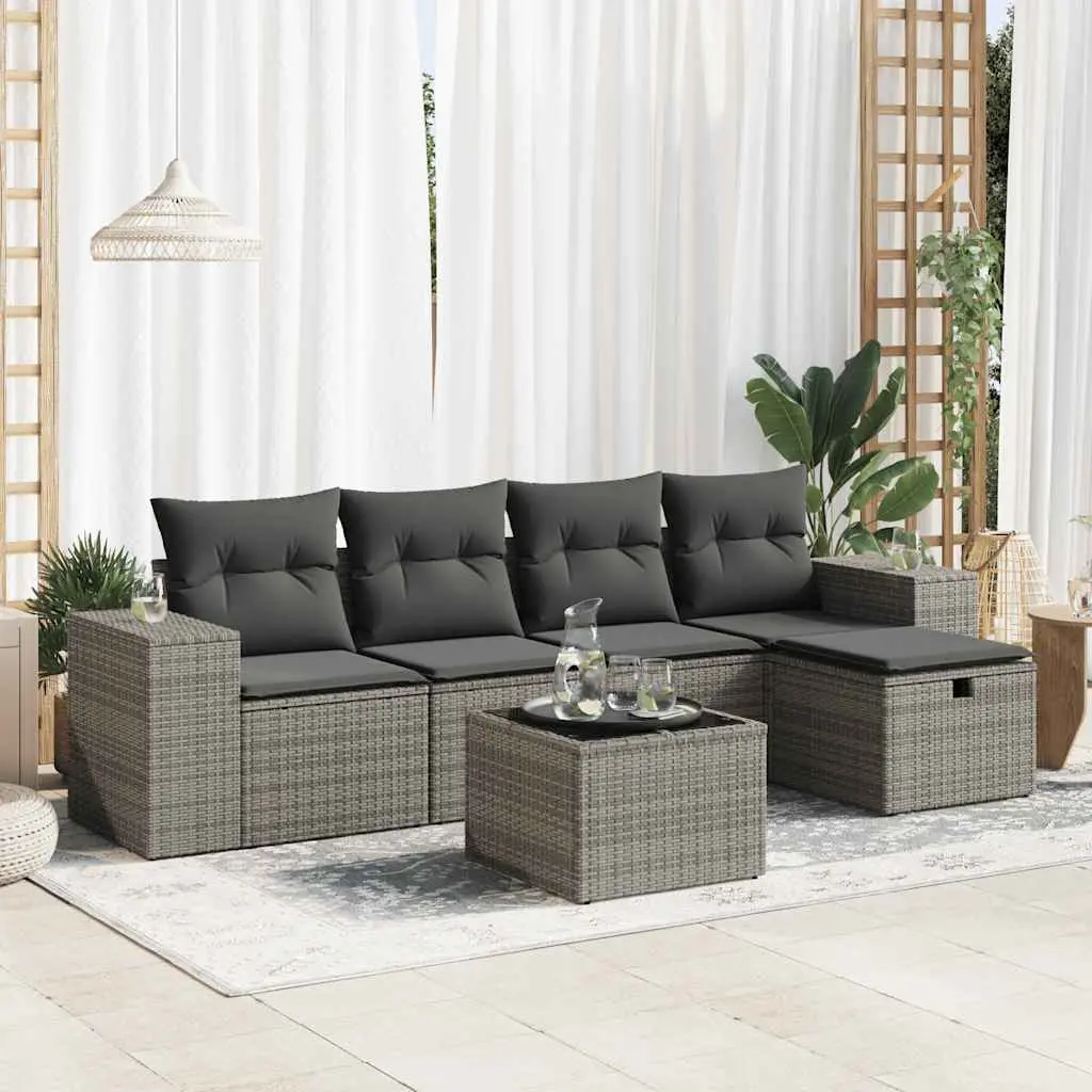 Set Divano da Giardino 6 pz con Cuscini Grigio in Polyrattan