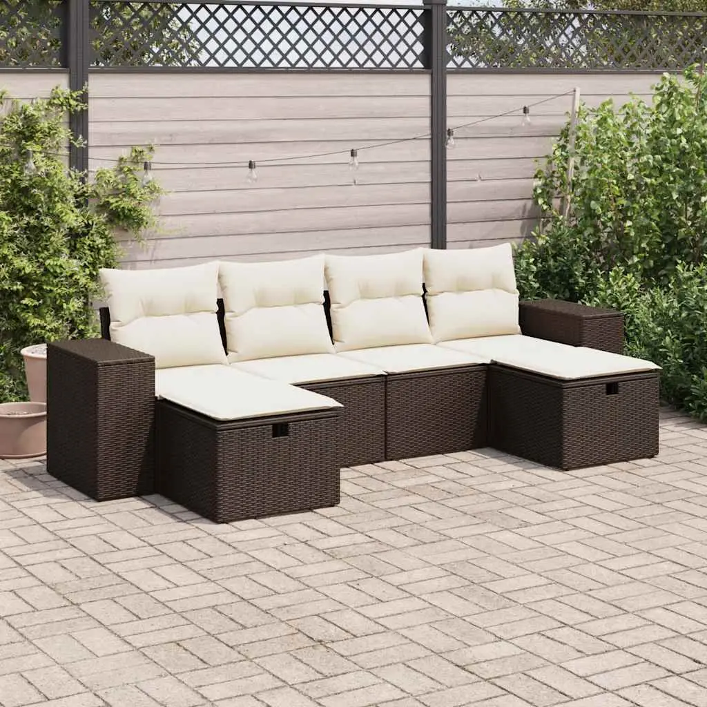 Set Divano da Giardino 6 pz con Cuscini Marrone in Polyrattan