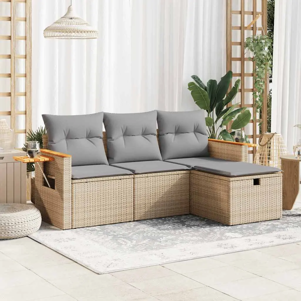 Set Divano da Giardino 4 pz con Cuscini Beige in Polyrattan