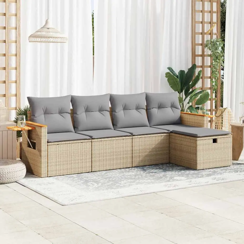 Set Divano da Giardino 5 pz con Cuscini Beige in Polyrattan