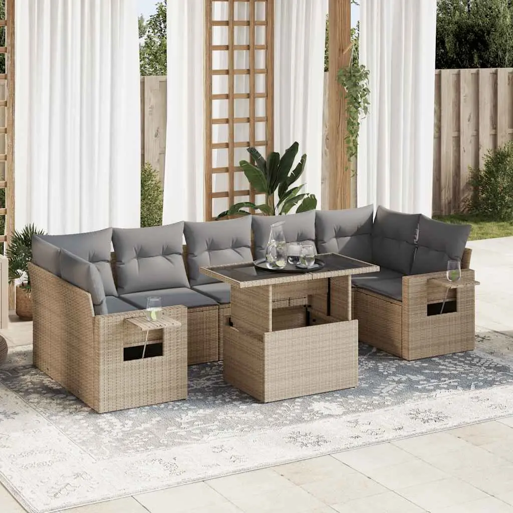 Set Divano da Giardino 8 pz con Cuscini Beige in Polyrattan