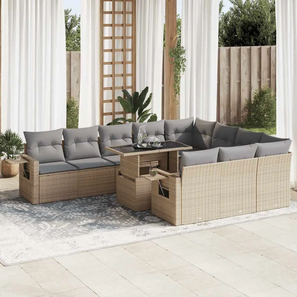 Set Divani da Giardino 11 pz con Cuscini Beige in Polyrattan