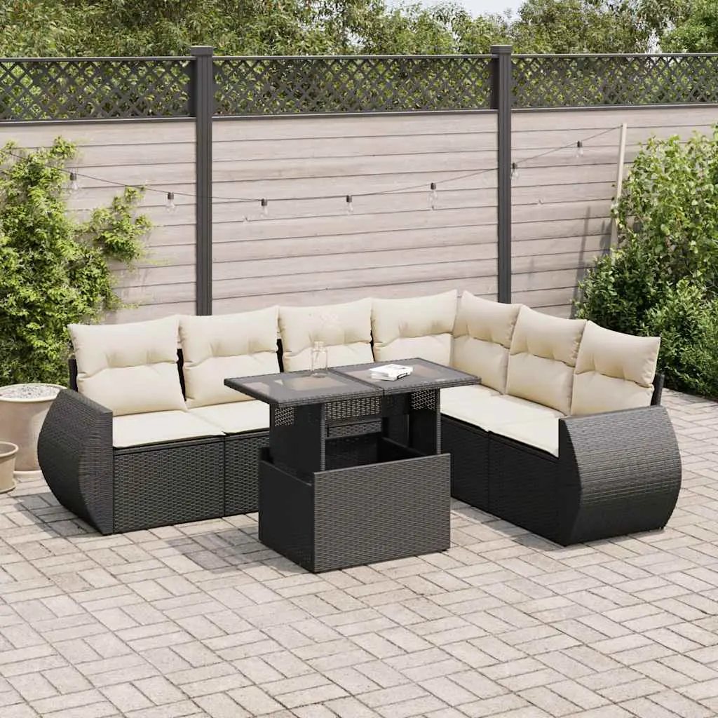 Set Divani da Giardino con Cuscini 7pz Nero Polyrattan