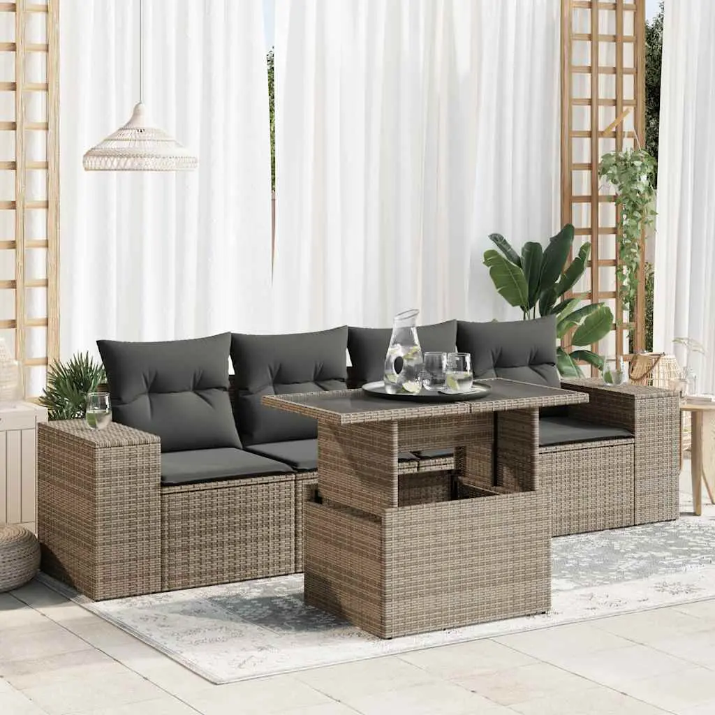 Set Divano da Giardino 5 pz con Cuscini Grigio in Polyrattan