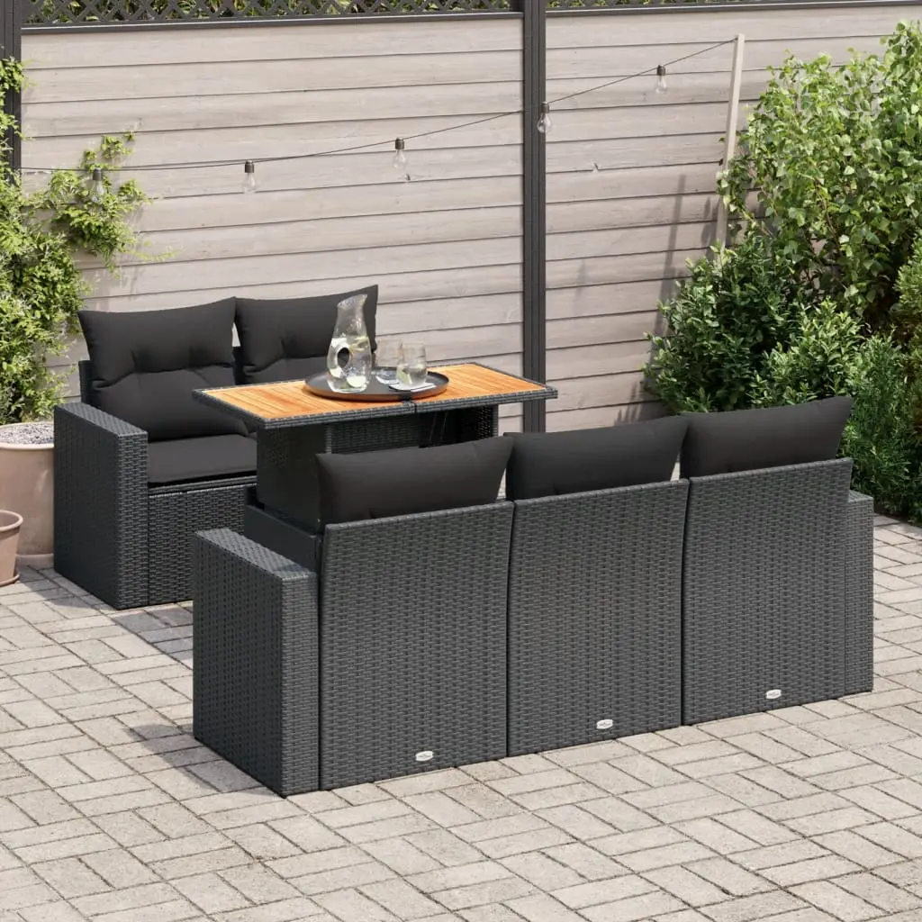 Set Divano da Giardino 6 pz con Cuscini Nero in Polyrattan