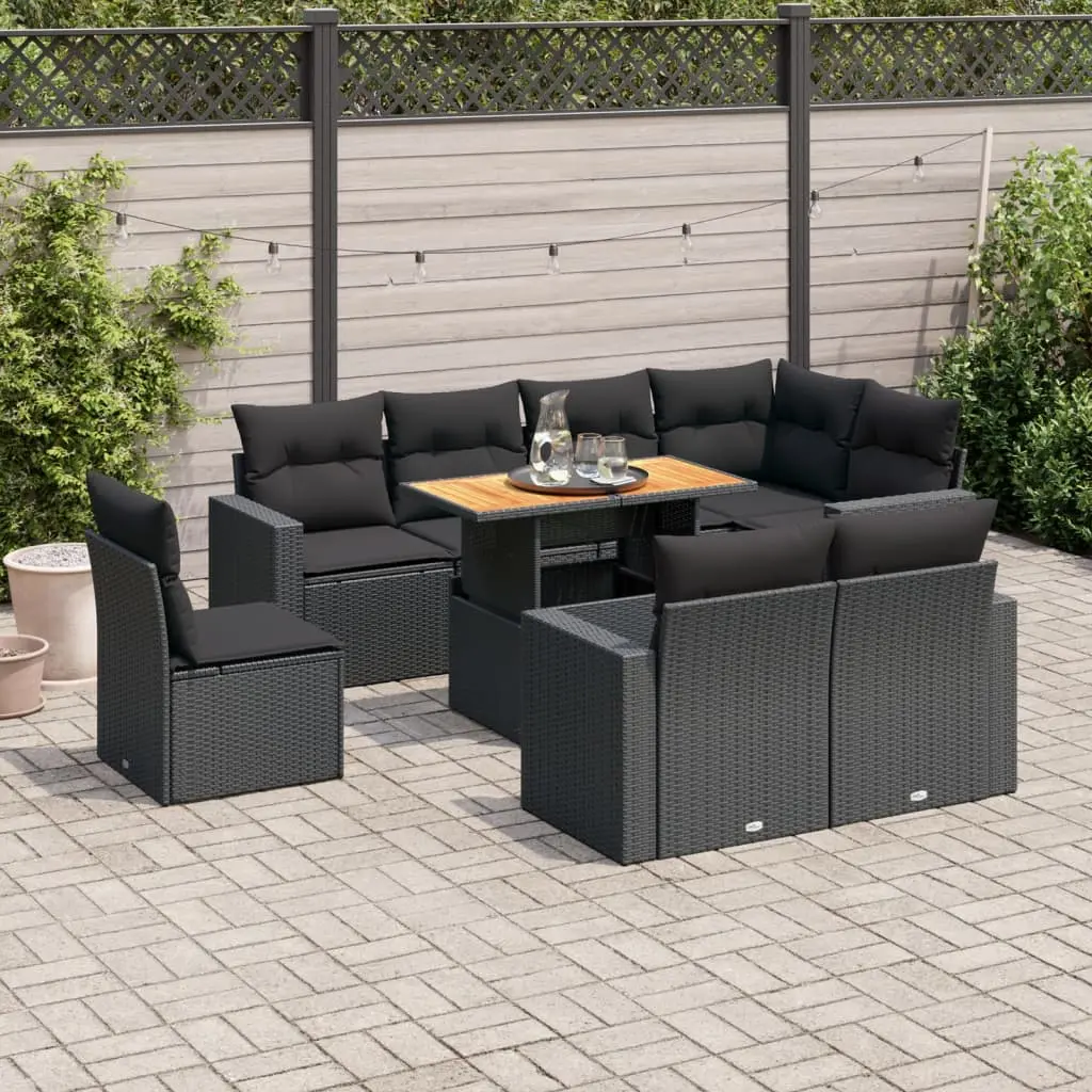 Set Divani da Giardino 9 pz con Cuscini Nero in Polyrattan