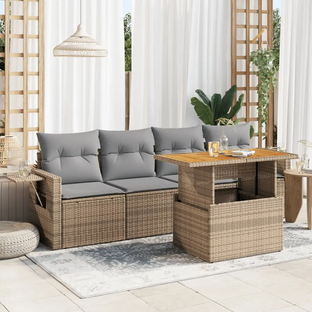 Set Divano da Giardino 5 pz con Cuscini Beige in Polyrattan