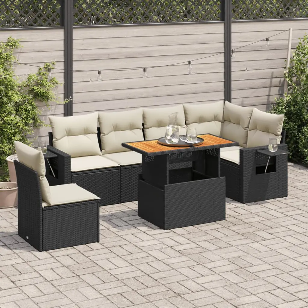 Set Divani da Giardino con Cuscini 7pz Nero Polyrattan