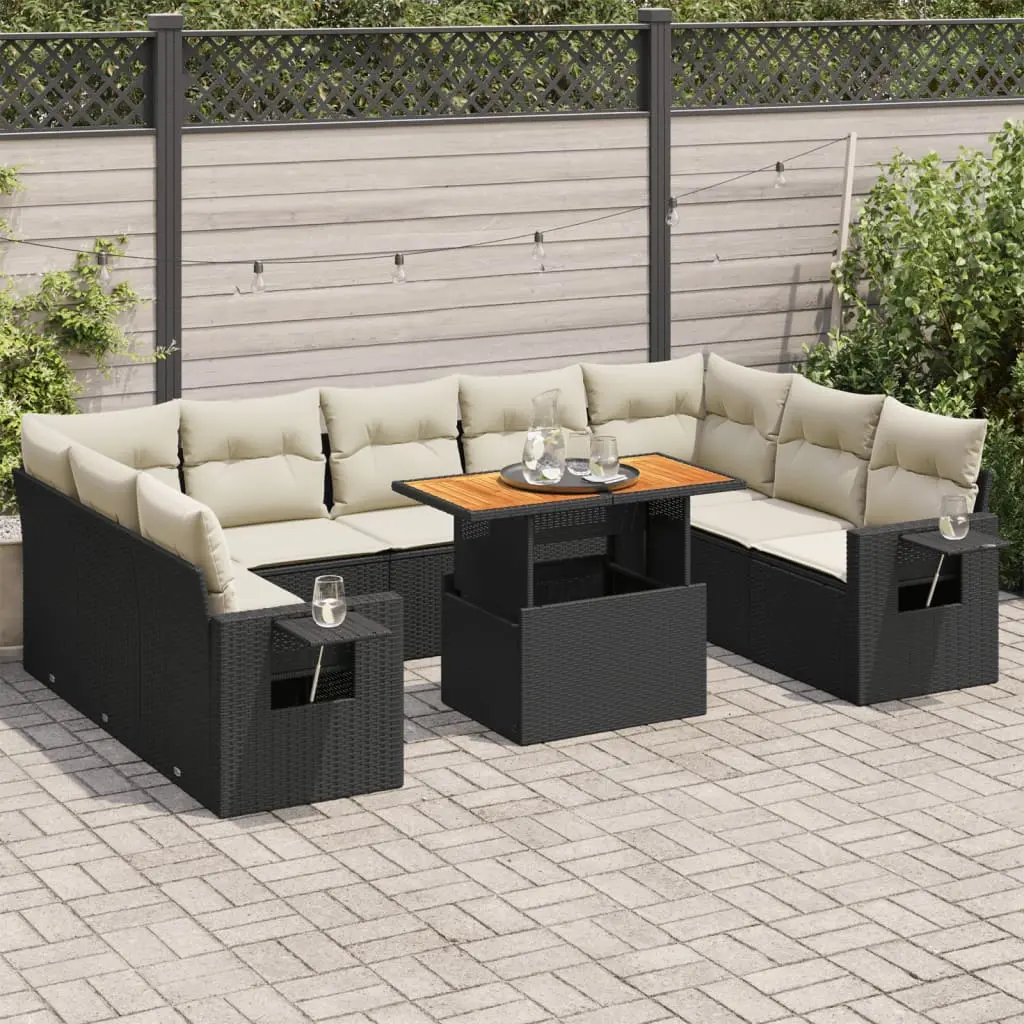 Set Divani da Giardino 10pz con Cuscini in Polyrattan Nero