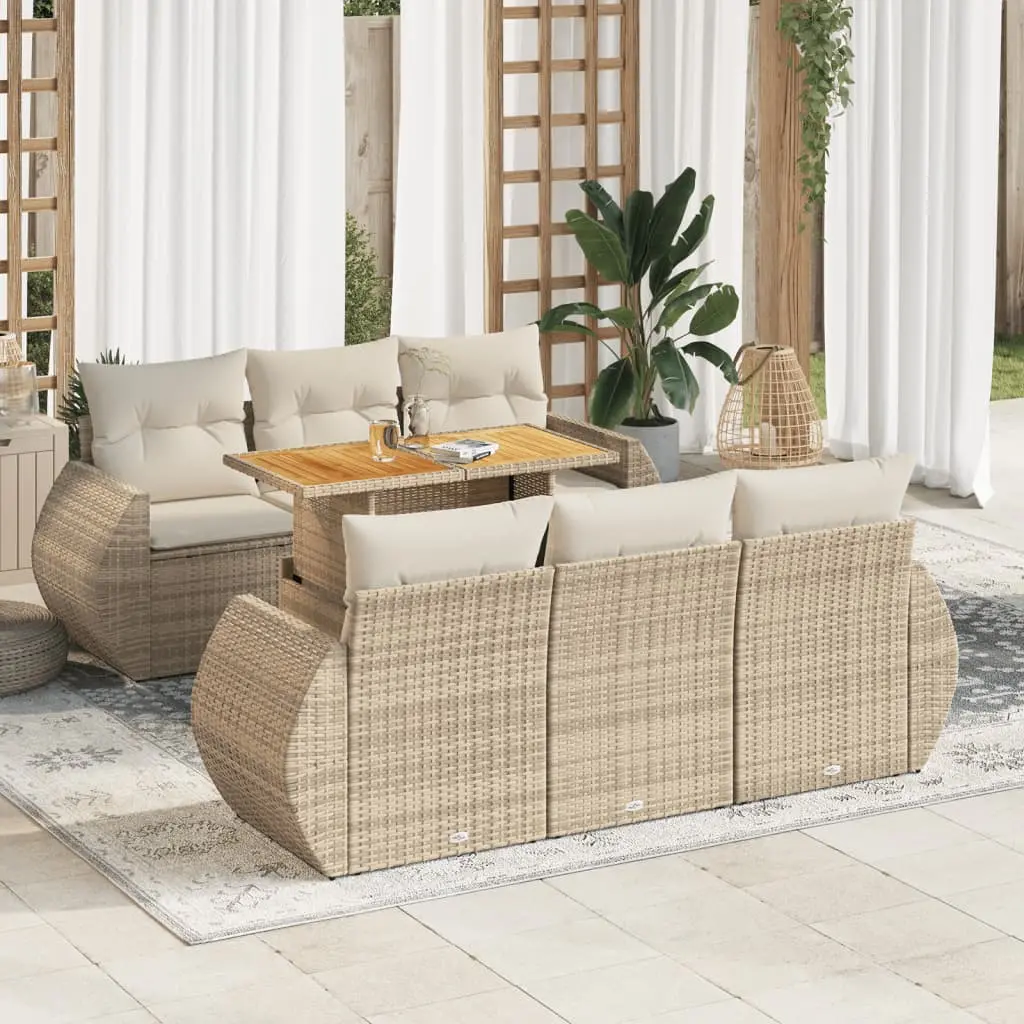 Set Divani da Giardino 7 pz con Cuscini Beige in Polyrattan