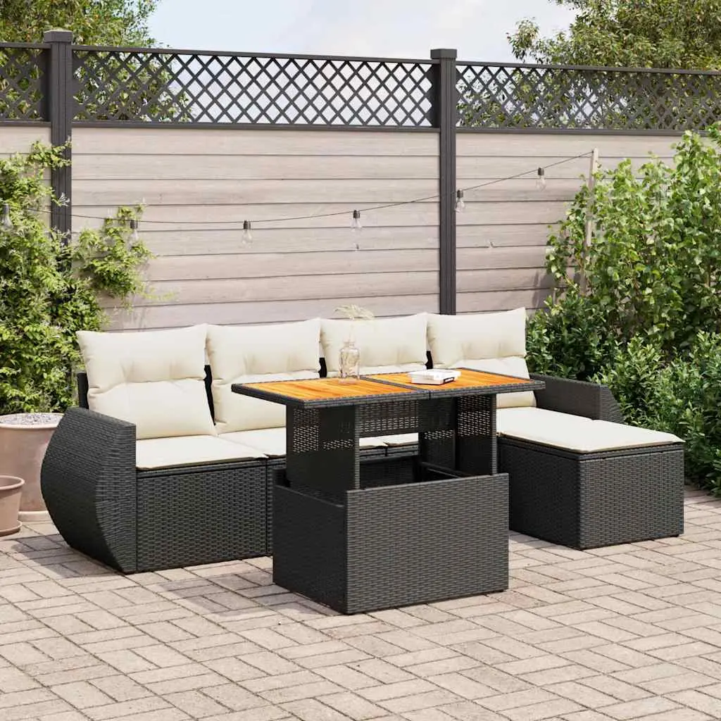 Set Divano da Giardino 6 pz con Cuscini Nero in Polyrattan