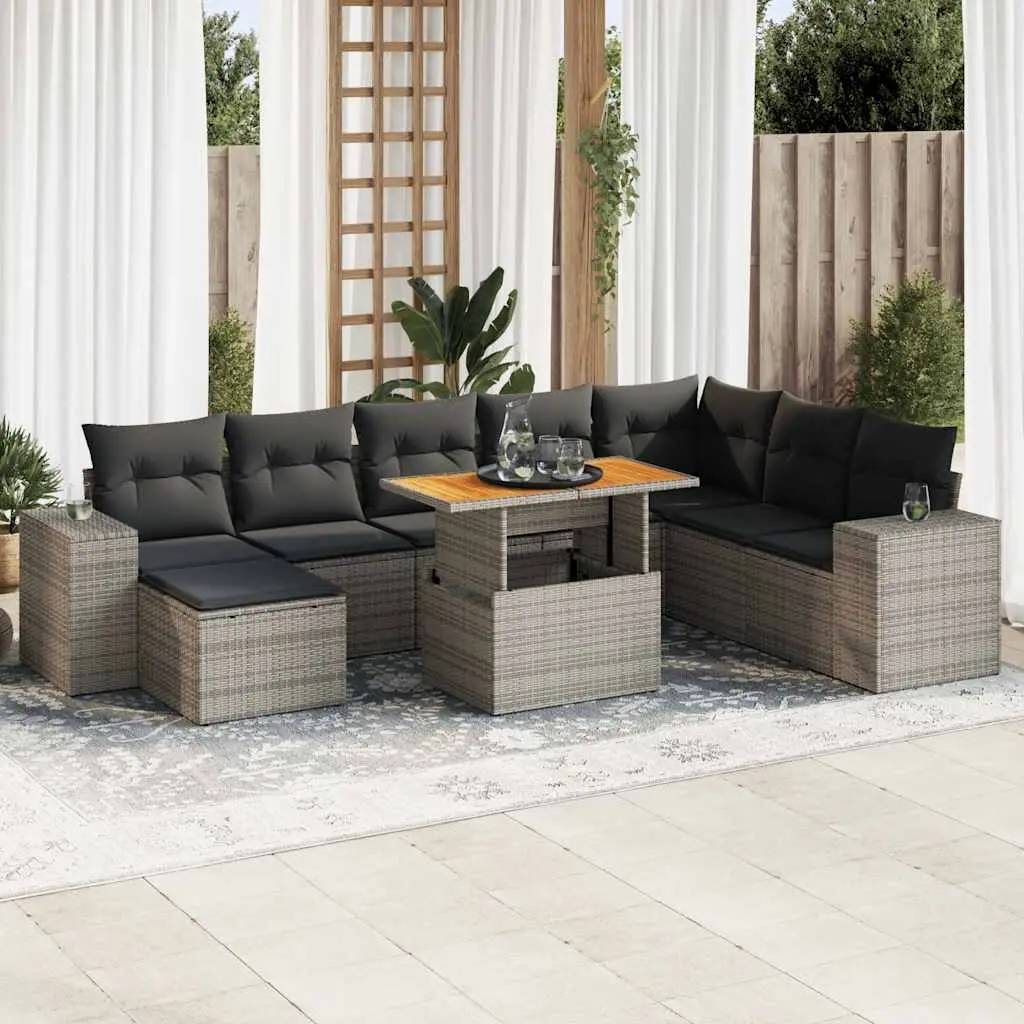 Set Divano da Giardino 9pz con Cuscini Grigio Polyrattan Acacia