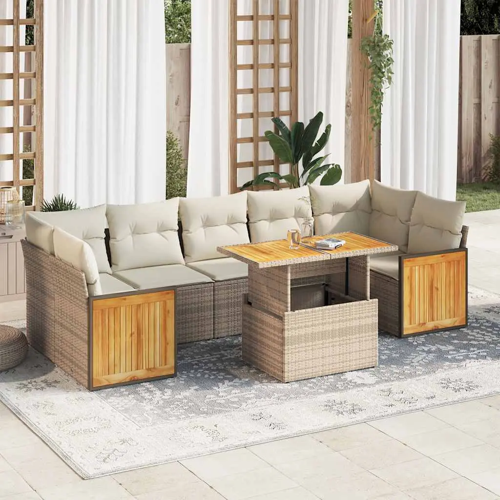 Set Divano da Giardino 8 pz con Cuscini Beige Polyrattan Acacia