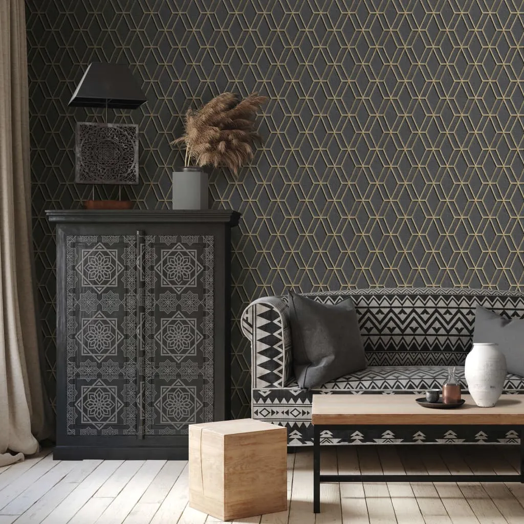 DUTCH WALLCOVERINGS Carta da Parati Design Esagonale Nero e Oro