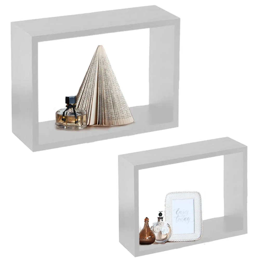 Set 2 Mensole a Muro Moduli da Parete Pensili Rettangolari in Legno Bianco 40 cm (1)