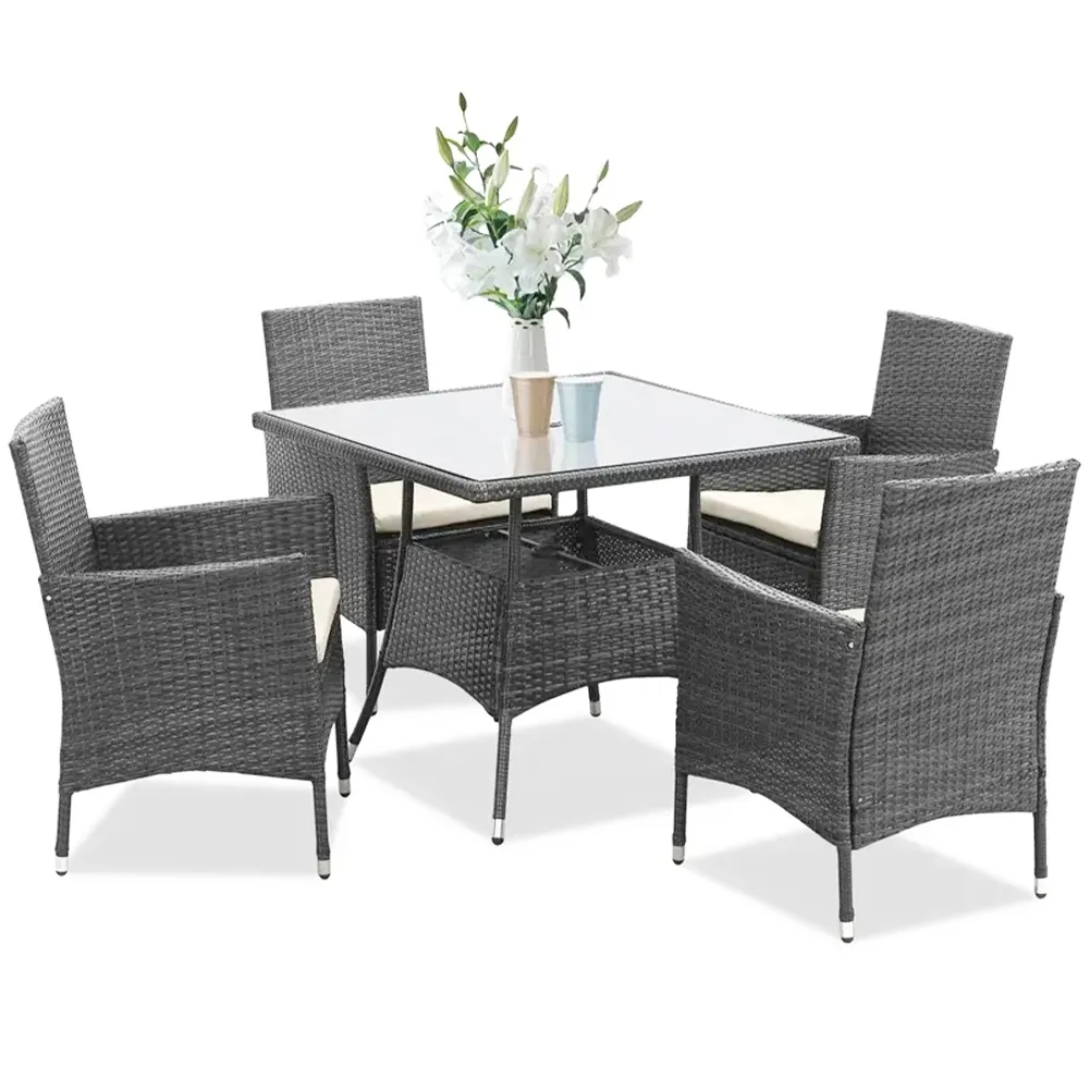 Salotto da Giardino Set 5 Pezzi in Polyrattan Esterno Grigio Chiaro Cuscini Beige (1)