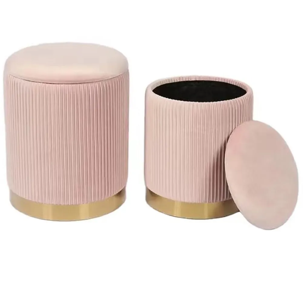 Set 2 Pouf Contenitore Rosa Velluto Sgabello Poggiapiedi Rotondo Portata 120kg (1)