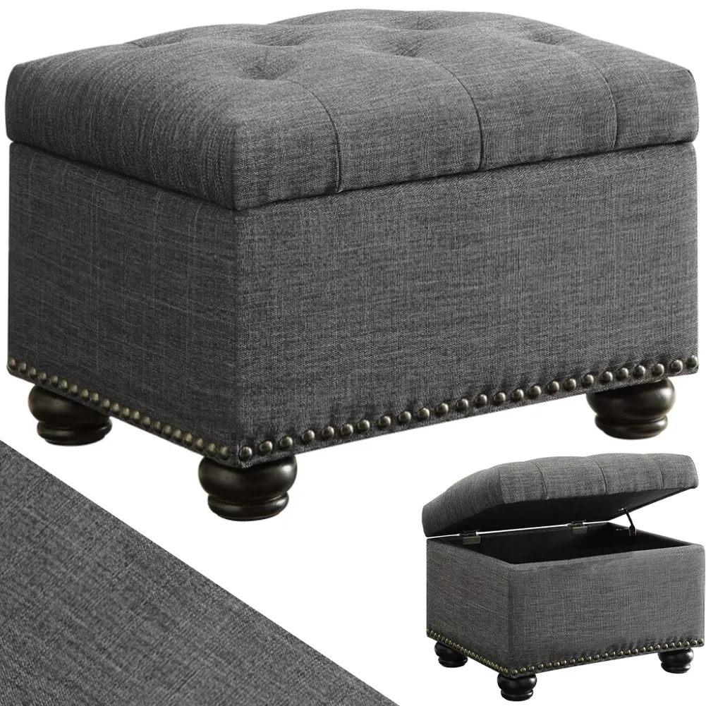 Pouf Contenitore Poggiapiedi in Tessuto Grigio Sgabello con Scomparto Interno (1)