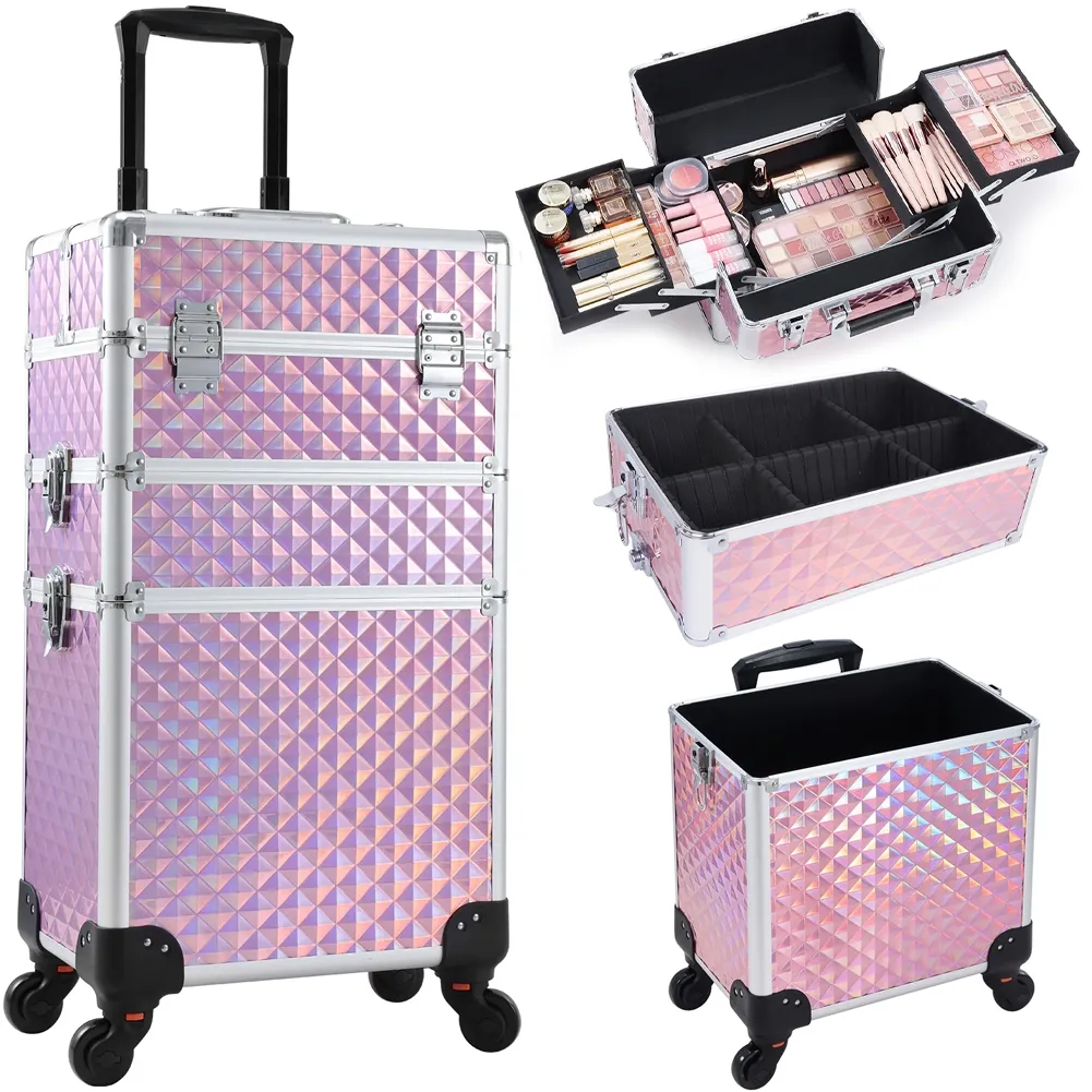 Trolley Makeup 3in1 Valigetta Rosa Trucco Estetista Beauty Case Ruote Staccabili (1)