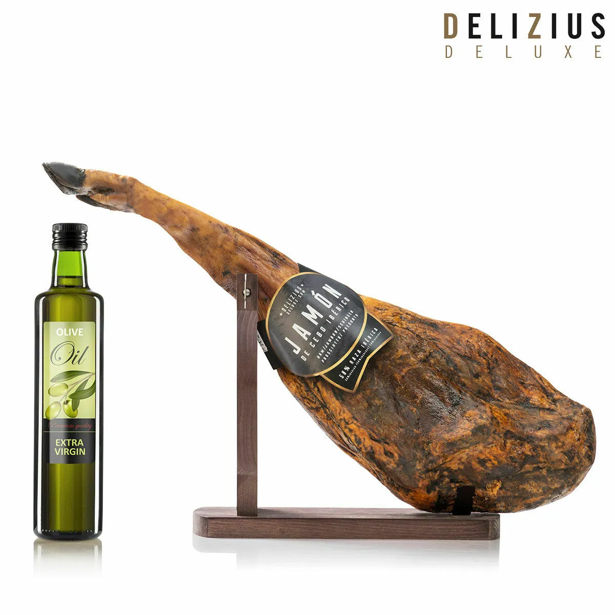 Set di Prosciutto Iberico di Cebo, Olio d’Oliva e Porta Prosciutto Delizius Deluxe