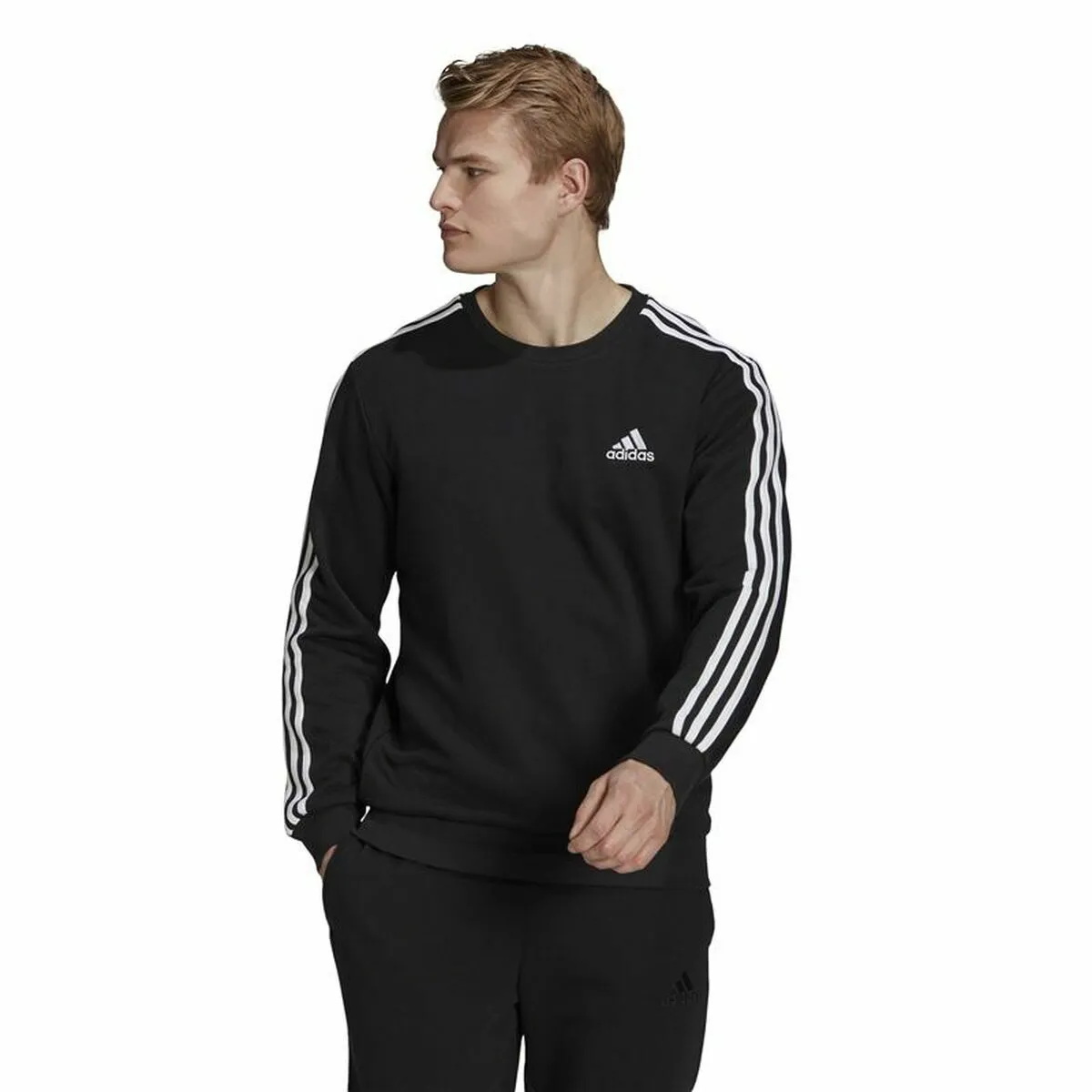 Felpa senza Cappuccio Uomo Adidas Essentials 3 Stripes French Terry Nero