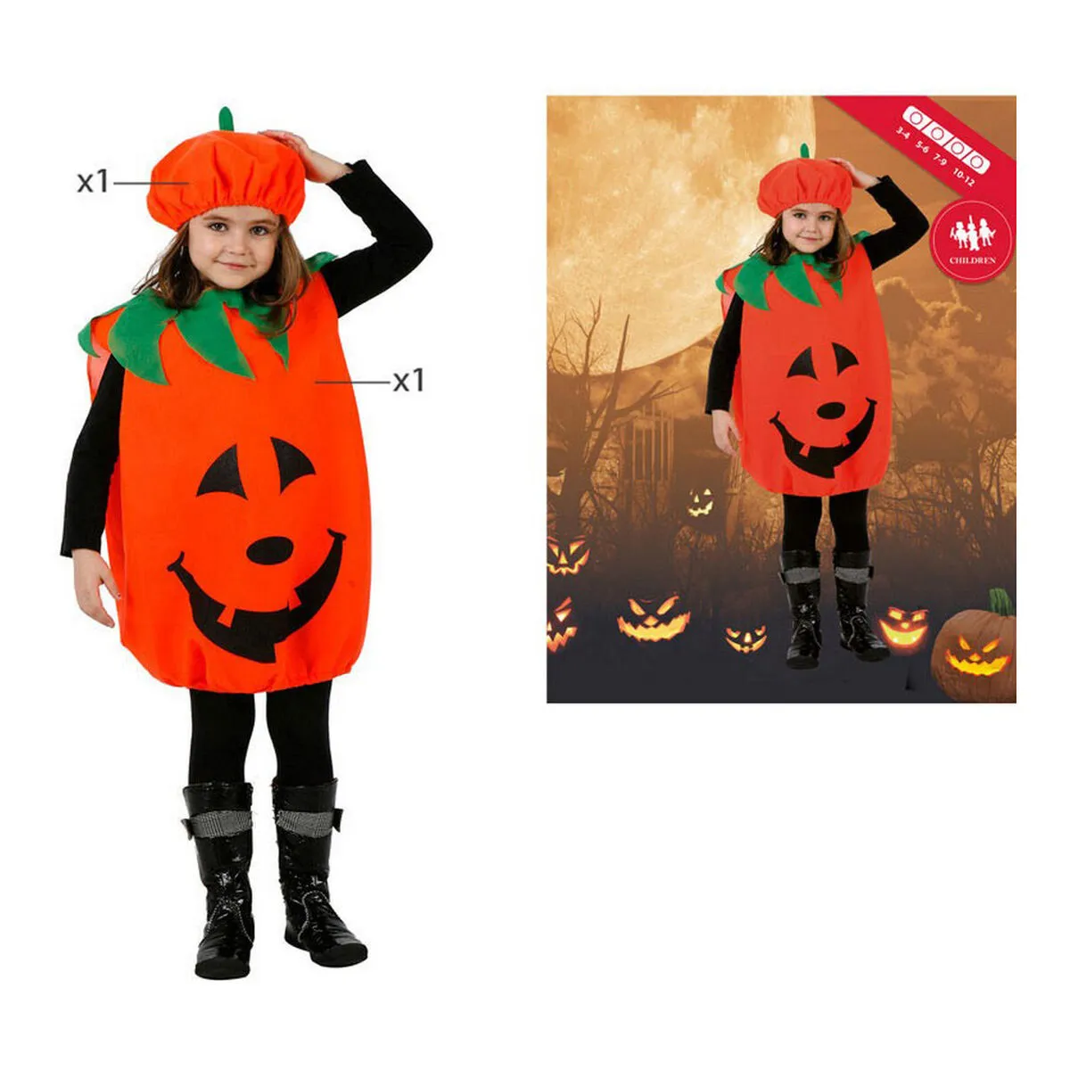 Costume per Bambini Zucca Arancio 3-4 Anni 7-9 Anni (2 Unità) (2 pcs)