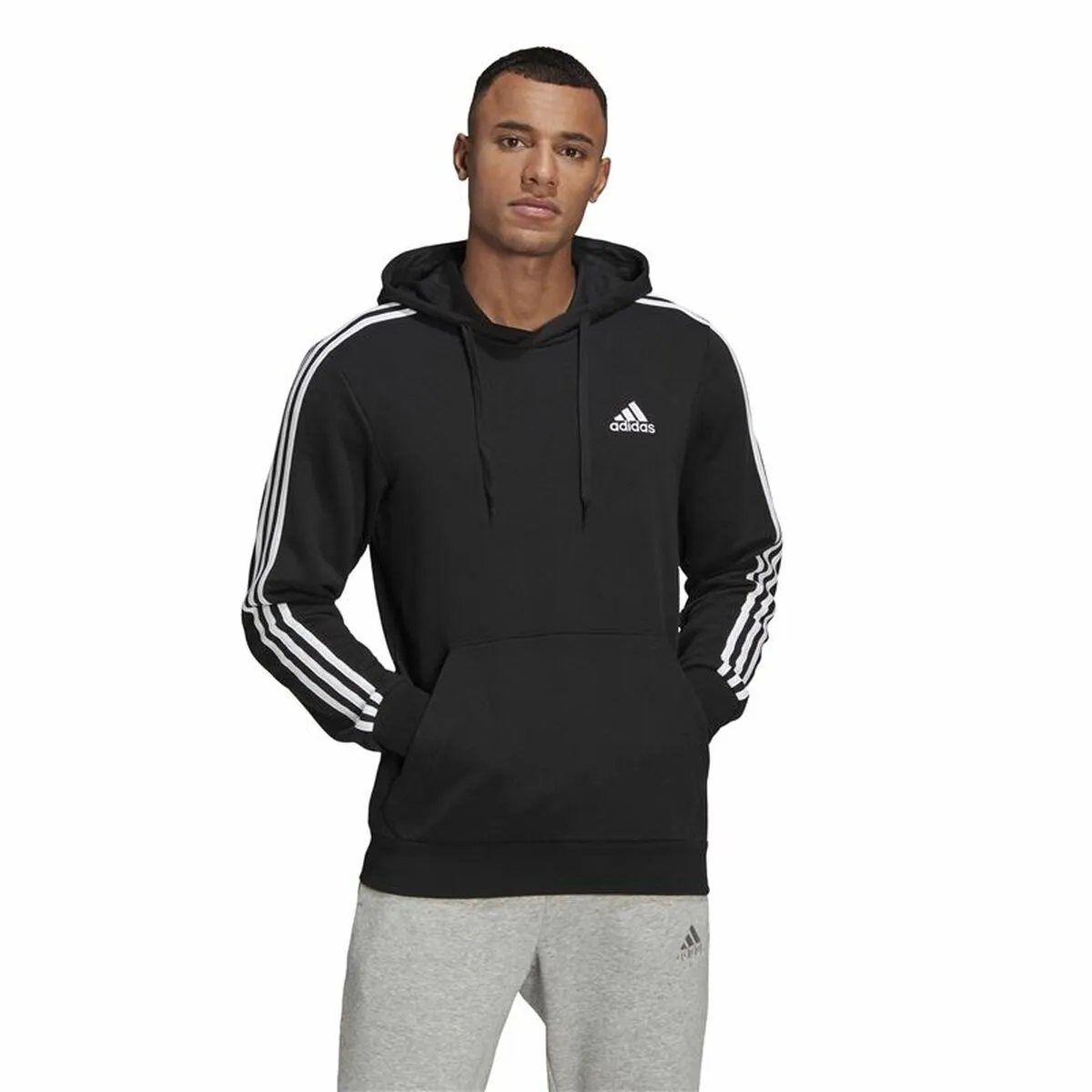 Felpa con Cappuccio Uomo Adidas  Essentials 3 bandas  Nero