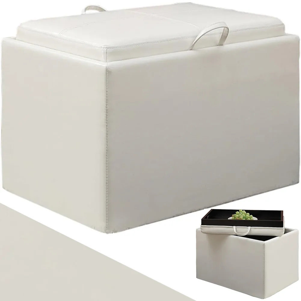 Pouf Contenitore Poggiapiedi Ecopelle Bianco Sgabello Seduta Scomparto Versatile (1)