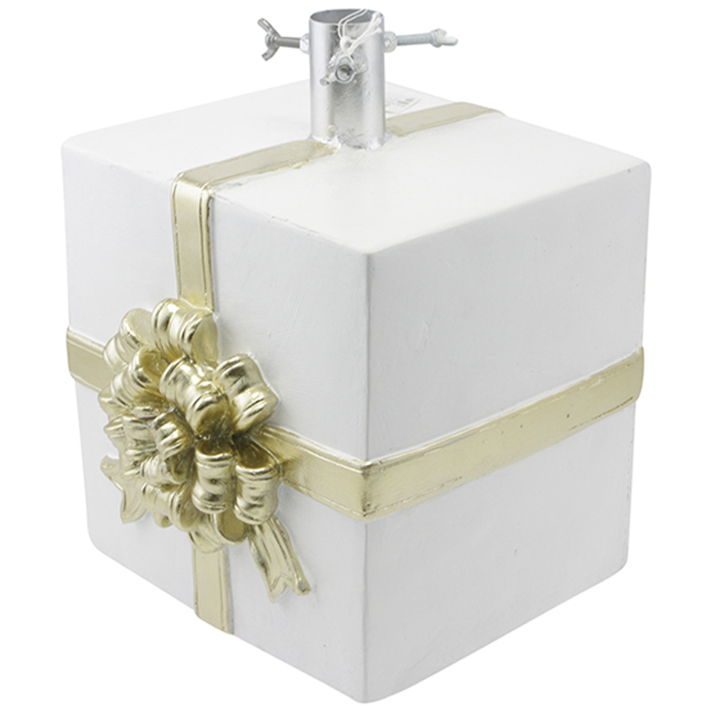 Base Albero Natale Forma Pacco Regalo Supporto Universale Bianco Oro 26x24x32cm (1)