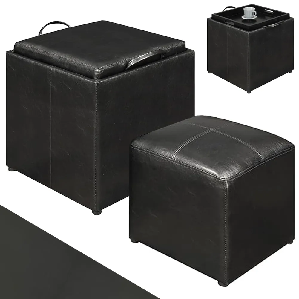 Set 2 Pouf Poggiapiedi in Ecopelle Nero Coperchio 2 in 1 Sgabello con Scomparto (1)