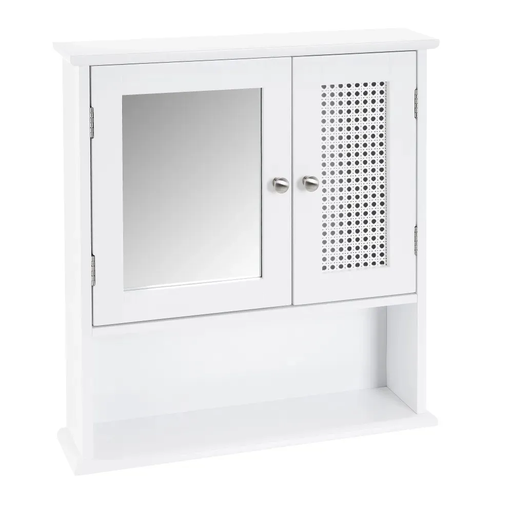 Mobile a Muro da Bagno Pensile con Griglia e Specchio Legno Bianco 56x13x58H cm (1)